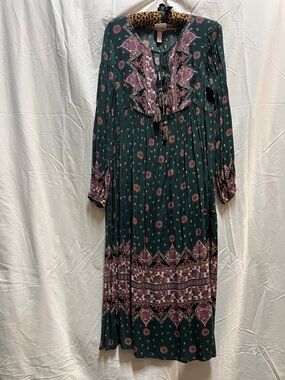 Knox Rose Dark Green Boho Floral Long Sleeve Midi Dress.  NWT